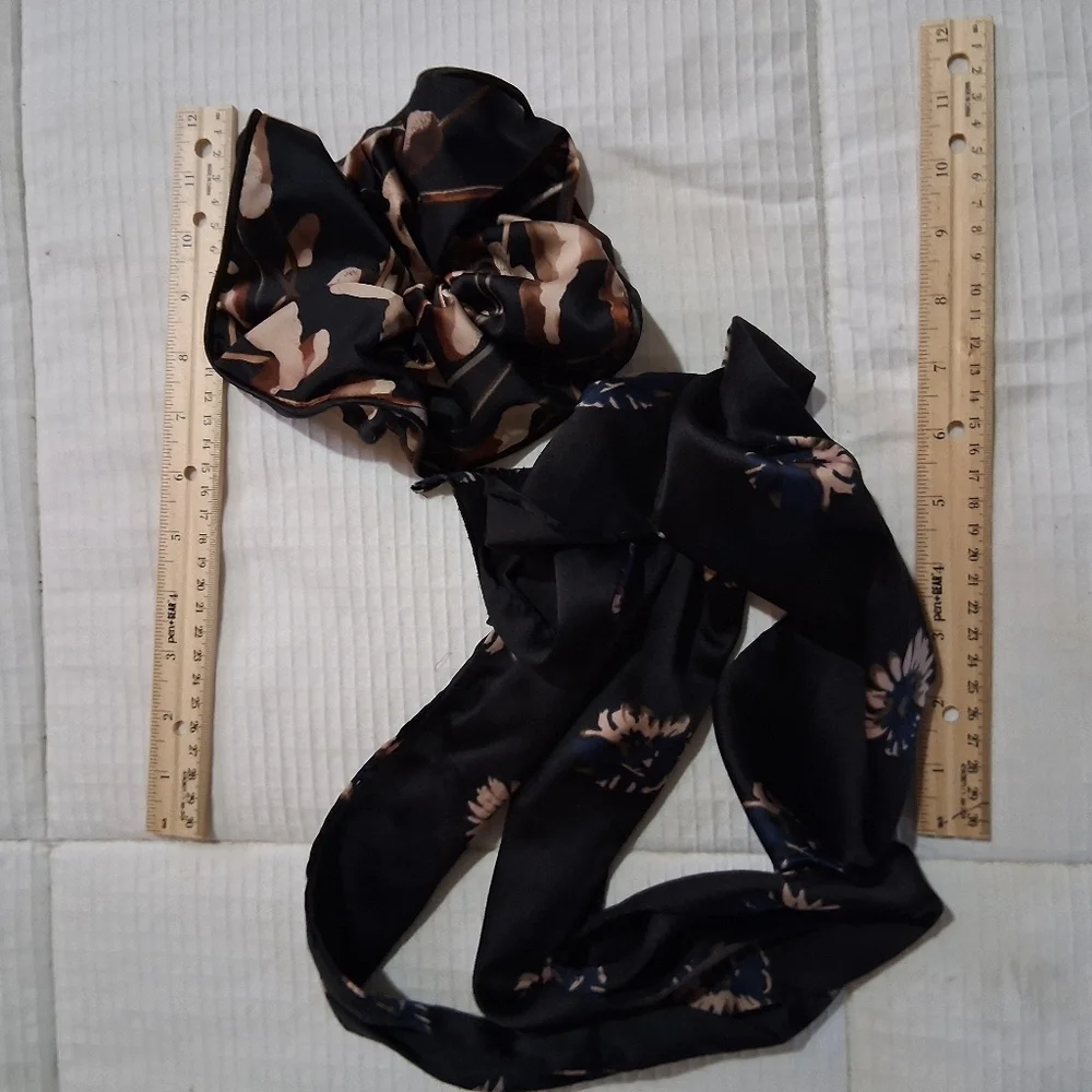 Black and Tan Floral Scarf And Hair Tie